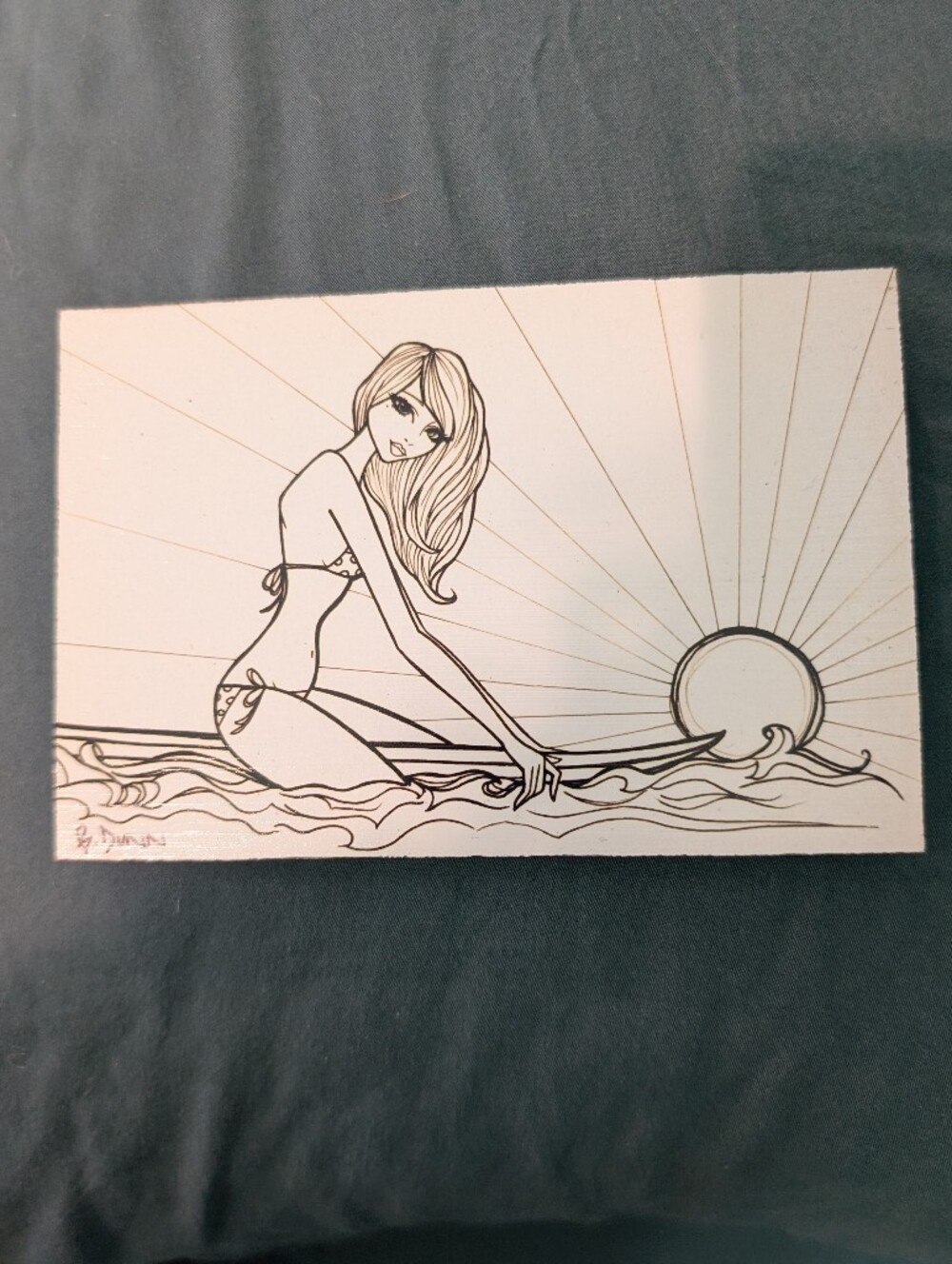 Sunrise Surf Girl Line Art Wall Art - White